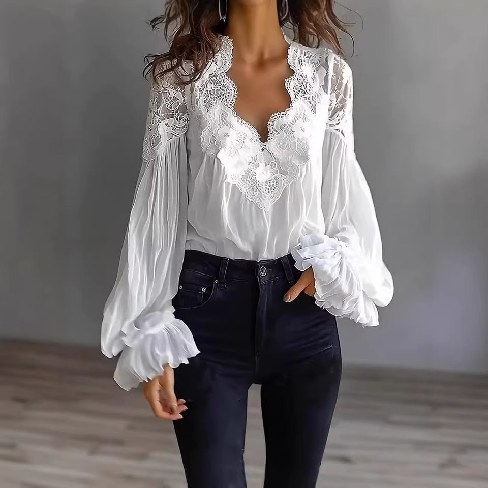 Women's Lace Blouse with Sheer Sleeves and Scalloped Details