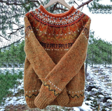 Women's Icelandic Knit Sweater – Vintage Nordic Pattern Crew Neck Pullover