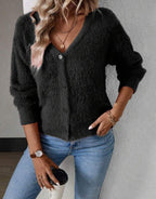 Women's Fluffy V-Neck Cardigan – Button Front Long Sleeve Knit Cardigan