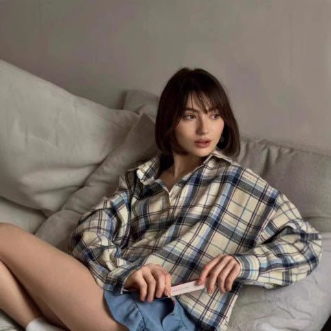 Women's Oversized Check Blouse – Relaxed Button Front Shirt Blouse