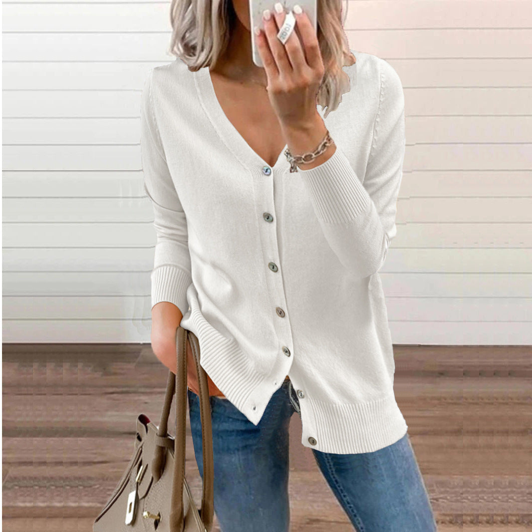 Women's V-Neck Button Cardigan – Ribbed Long Sleeve Knit Cardigan