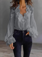 Women's Lace Blouse with Sheer Sleeves and Scalloped Details