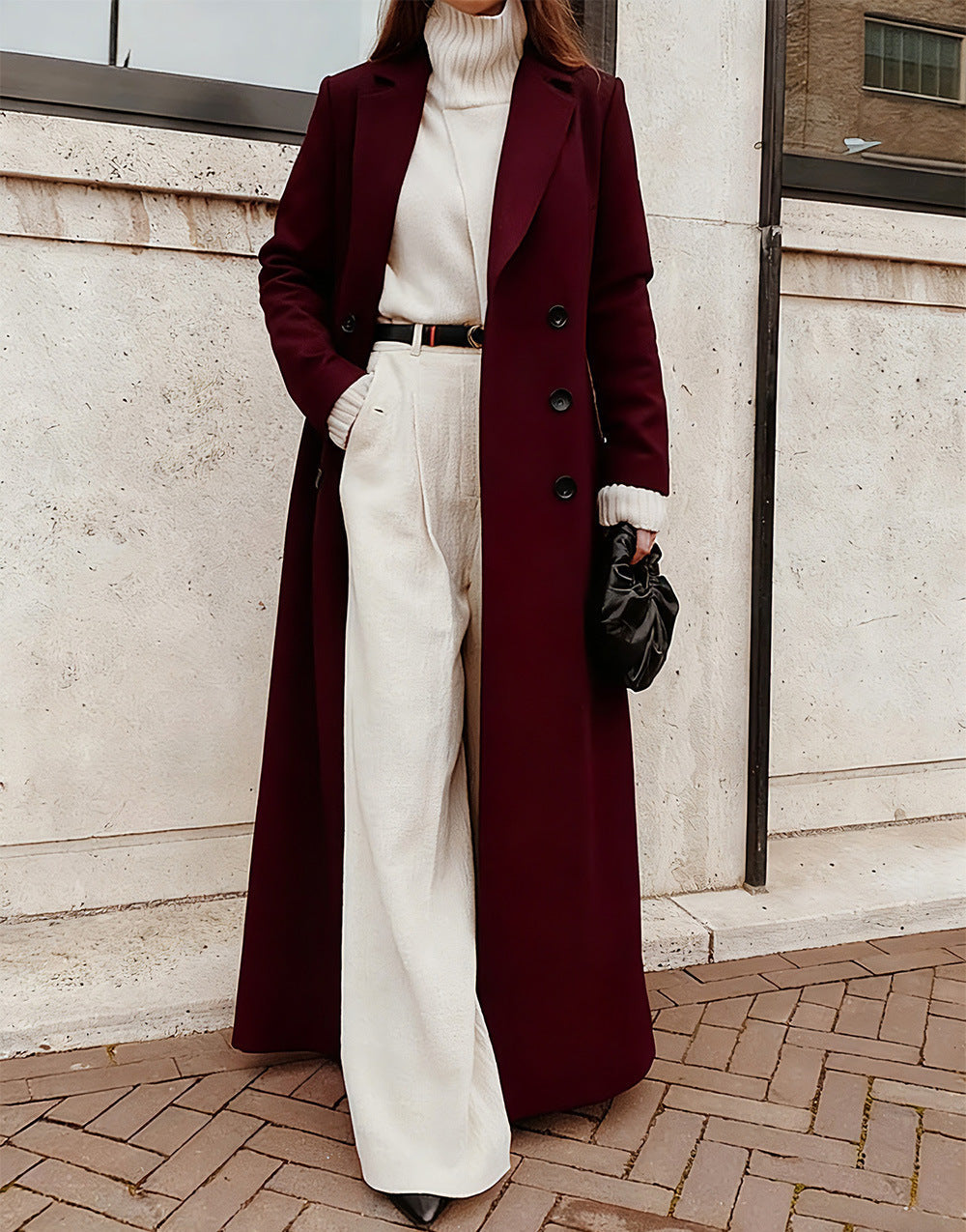 Women's Double-Breasted Long Coat – Deep Pocket Tailored Overcoat