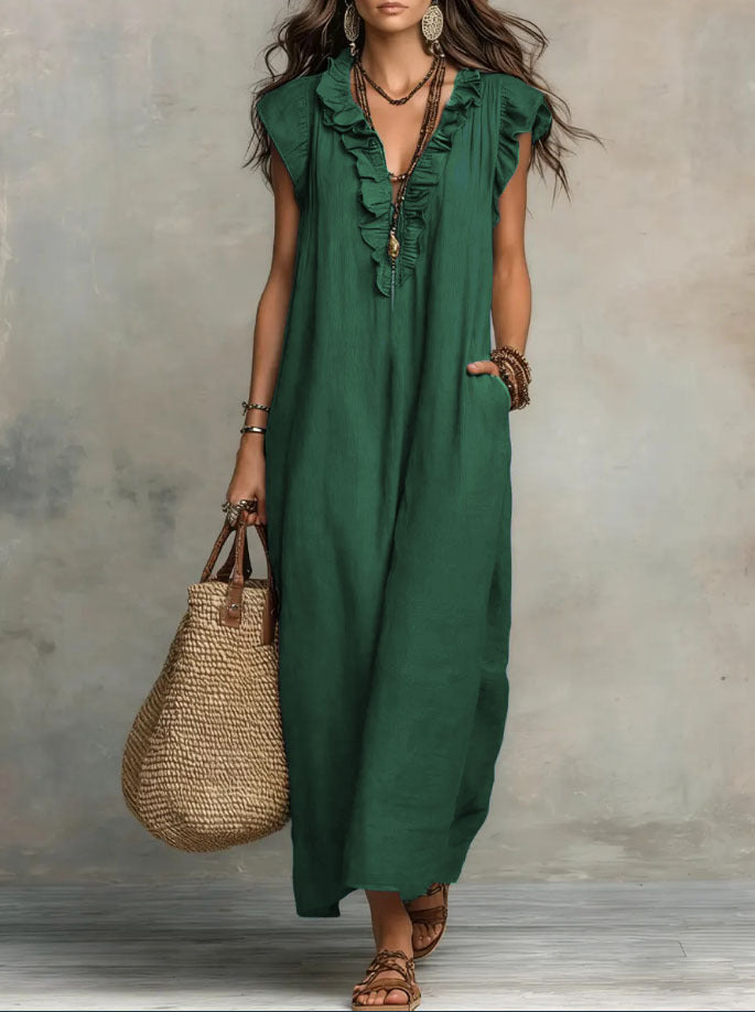 Women's Boho Maxi Dress – Flowy Ruffle Long Dress with Pockets