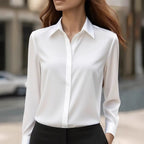 Women's Collared Blouse with Button Closure and Curved Hem