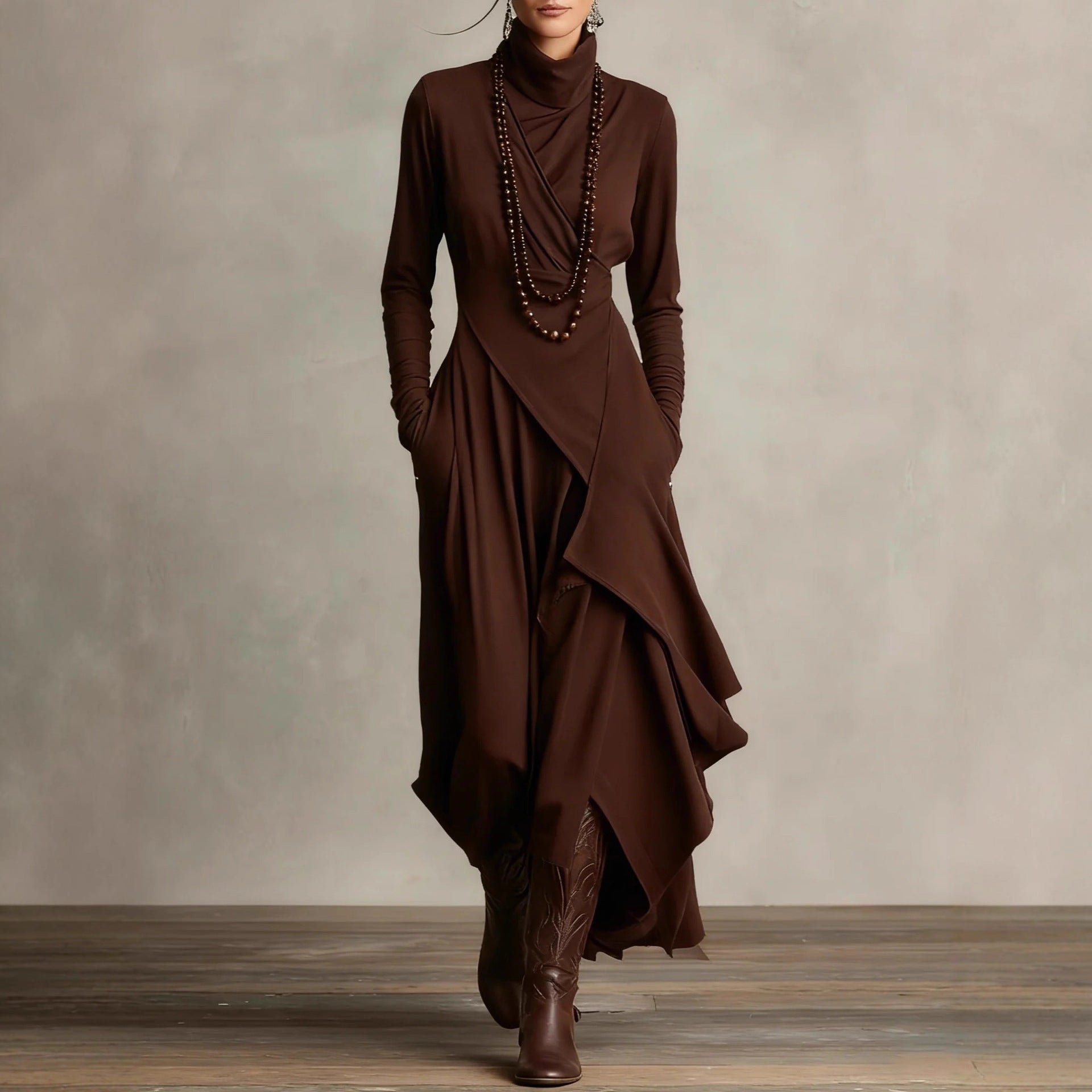 Women's Asymmetrical Knit Maxi Dress – High Neck Sweater Dress