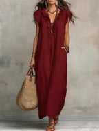 Women's Boho Maxi Dress – Flowy Ruffle Long Dress with Pockets