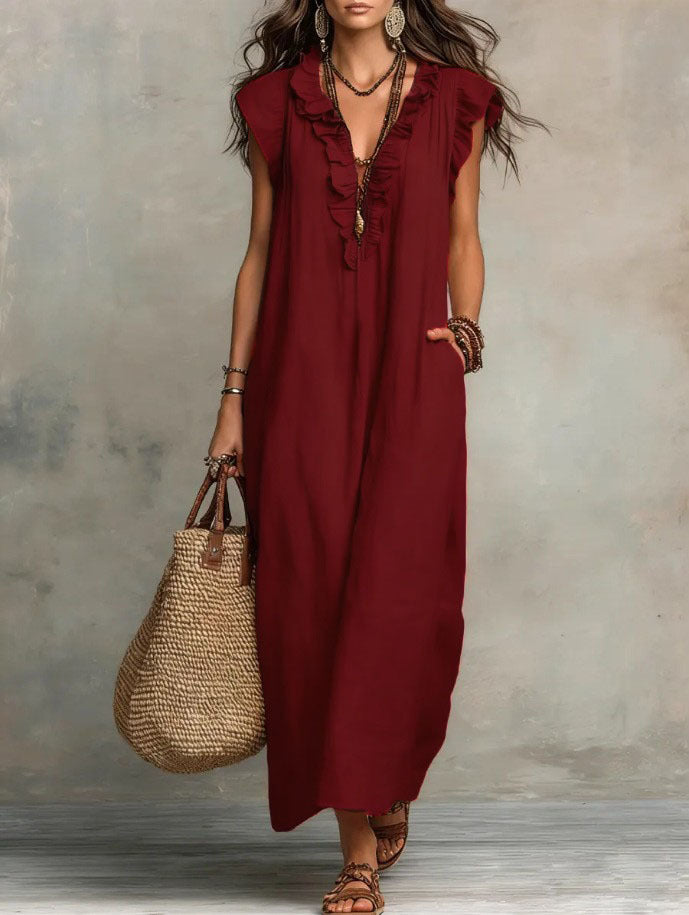 Women's Boho Maxi Dress – Flowy Ruffle Long Dress with Pockets