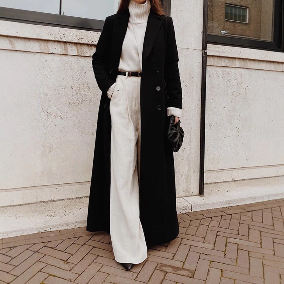 Women's Double-Breasted Long Coat – Deep Pocket Tailored Overcoat