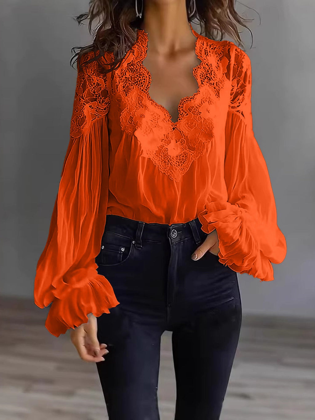 Women's Lace Blouse with Sheer Sleeves and Scalloped Details