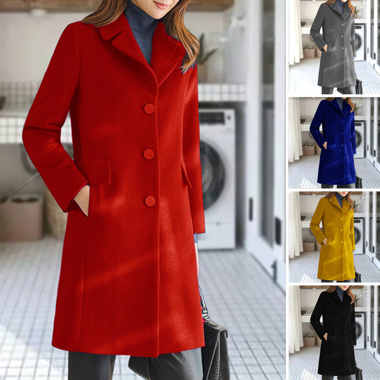 Women's Classic Long Coat – Lapel Collar Button Front Overcoat