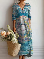Women's Vintage Floral Midi Dress – Relaxed A-Line Summer Dress