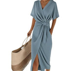 Women's Draped Wrap Dress – Side Slit Midi Dress