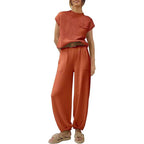 Women's Short Sleeve Pants Set – Crew Neck Top & High Waist Trouser Set