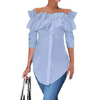 Women's Off-Shoulder Ruffle Blouse – Button Front Three-Quarter Sleeve Blouse