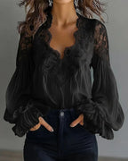 Women's Lace Blouse with Sheer Sleeves and Scalloped Details