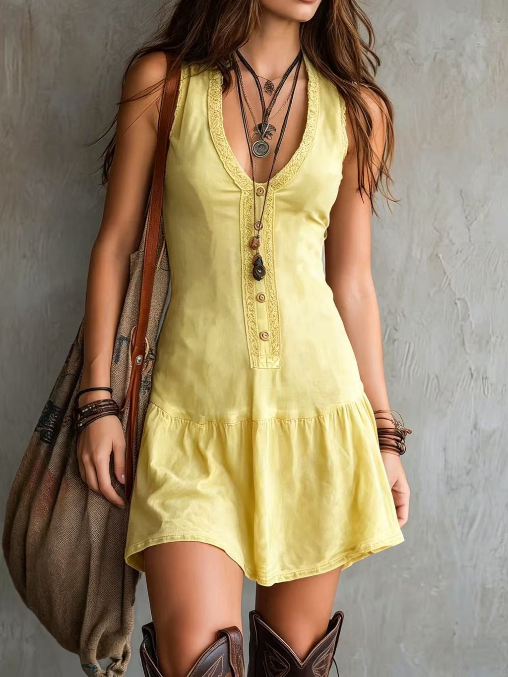 Women's Boho V-Neck Summer Dress – Ruffle Hem Cinched Waist Dress