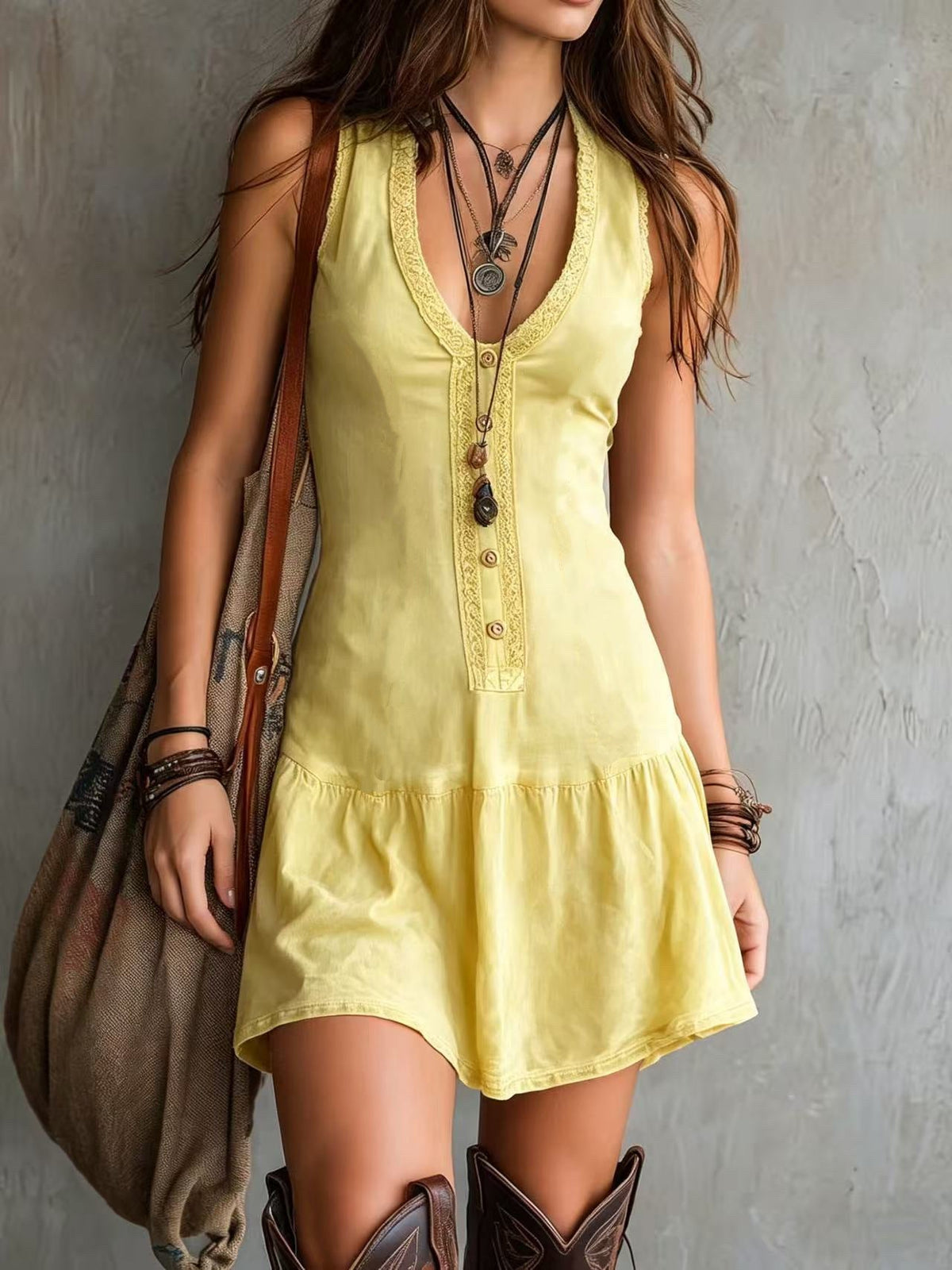 Women's Boho V-Neck Summer Dress – Ruffle Hem Cinched Waist Dress