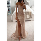 Women's Off-Shoulder Sequin Evening Dress – Side Slit Sparkle Gown
