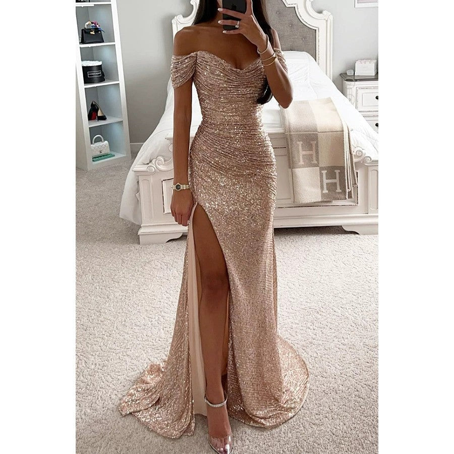 Women's Off-Shoulder Sequin Evening Dress – Side Slit Sparkle Gown