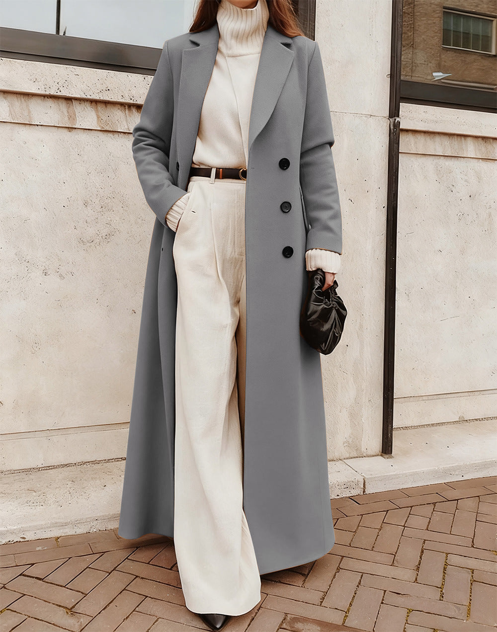 Women's Double-Breasted Long Coat – Deep Pocket Tailored Overcoat