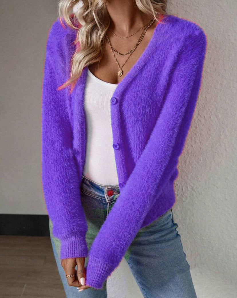 Women's Fluffy V-Neck Cardigan – Button Front Long Sleeve Knit Cardigan