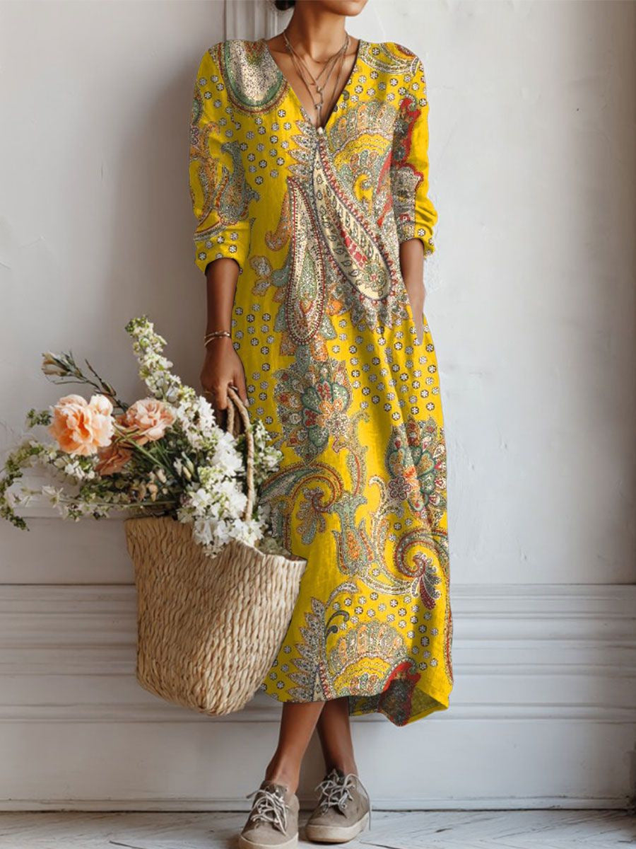 Women's Vintage Floral Midi Dress – Relaxed A-Line Summer Dress