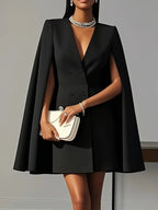 Women's Hooded Cape Dress – Deep V-Neck Formal Cocktail Dress