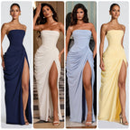 Women's Draped Evening Gown – Asymmetrical Long Sleeve Side Slit Dress
