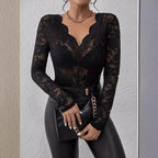 Women's Deep V-Neck Lace Bodysuit – Long Sleeve Sheer Floral Bodysuit