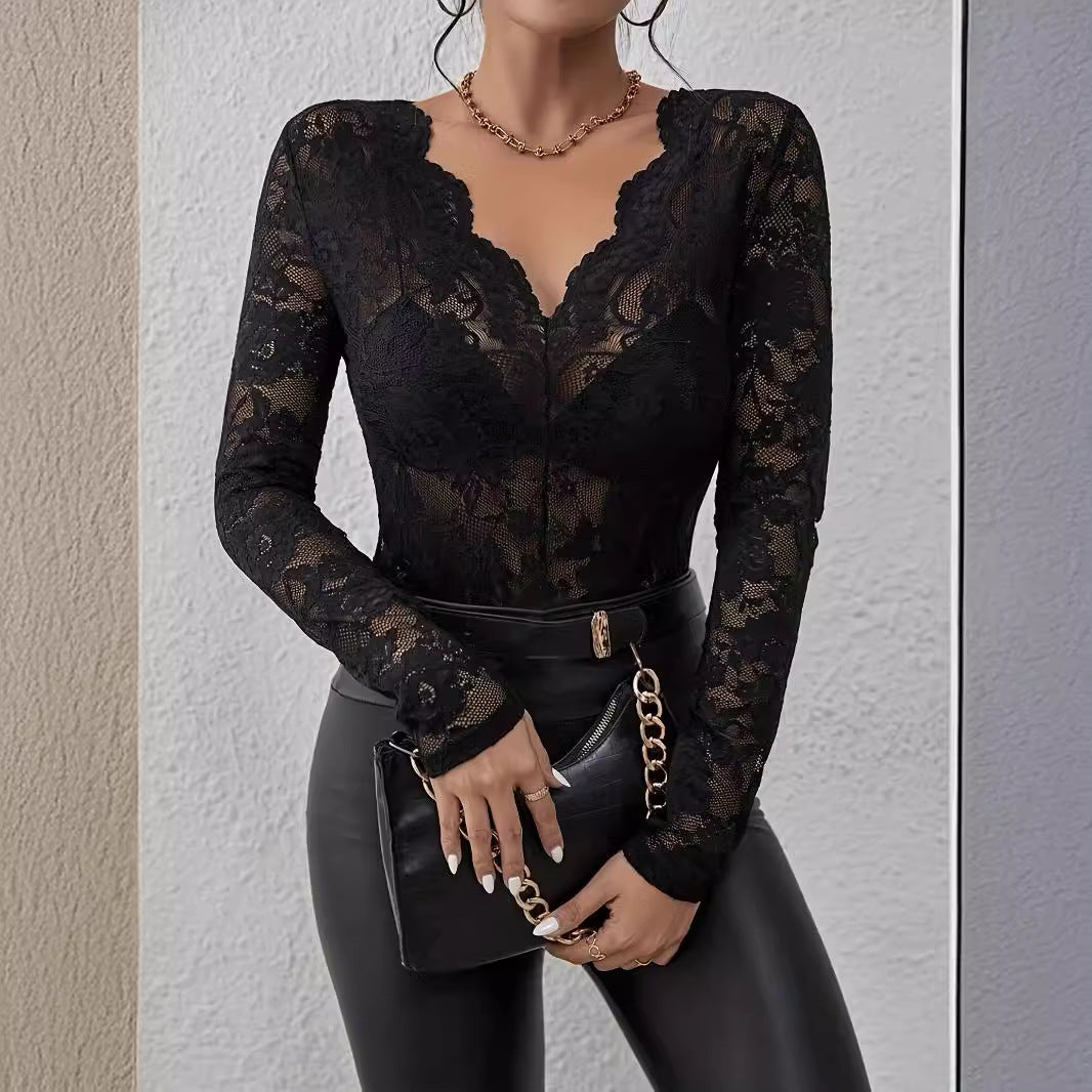 Women's Deep V-Neck Lace Bodysuit – Long Sleeve Sheer Floral Bodysuit