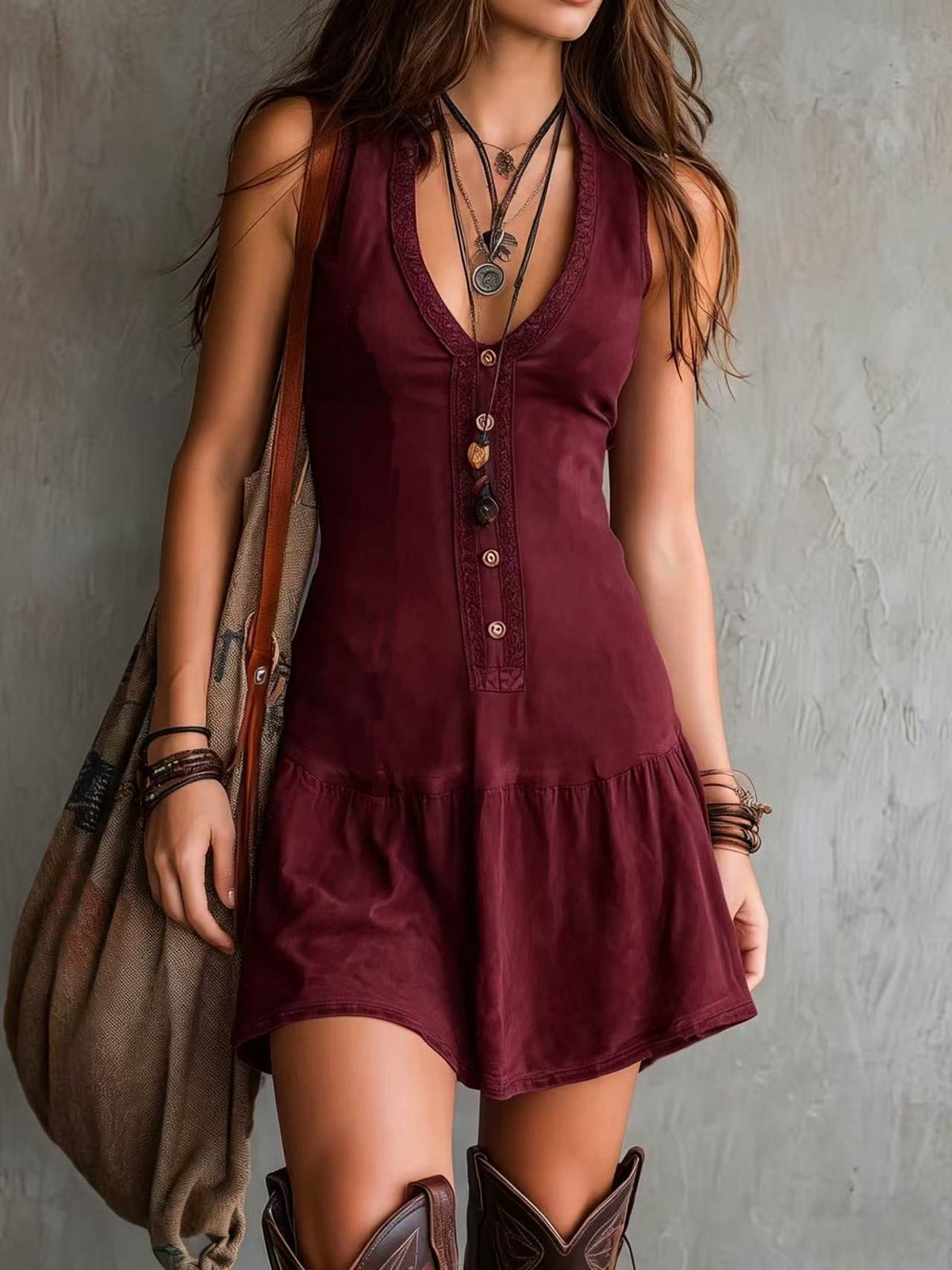 Women's Boho V-Neck Summer Dress – Ruffle Hem Cinched Waist Dress