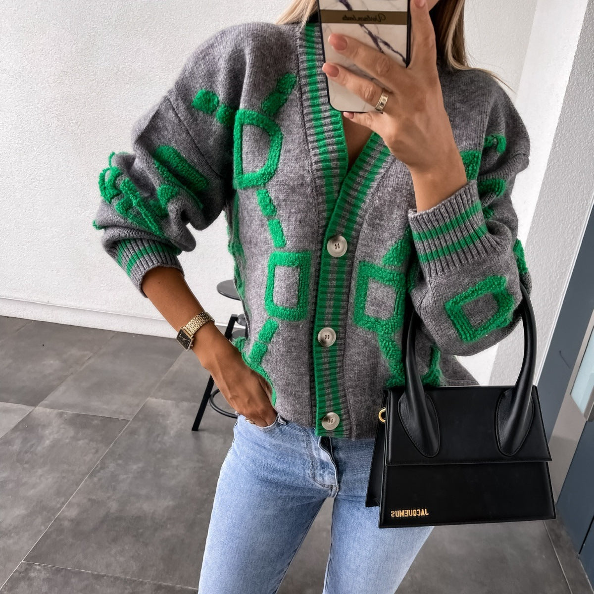 Women's Geometric Knit Cardigan – Oversized Button Front Patterned Cardigan