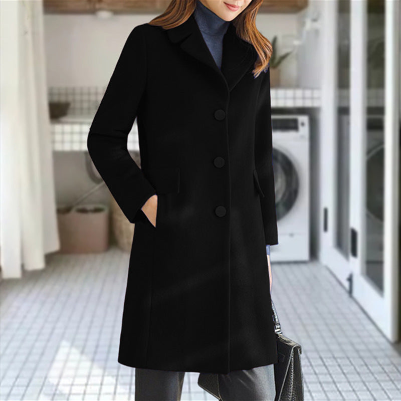 Women's Classic Long Coat – Lapel Collar Button Front Overcoat