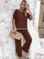 Women's Split Hem Wide Leg Lounge Set – Relaxed Top and Trousers Set