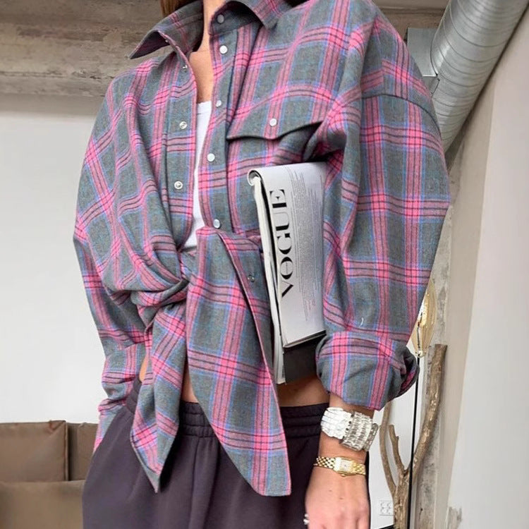 Women's Oversized Check Blouse – Relaxed Button Front Shirt Blouse