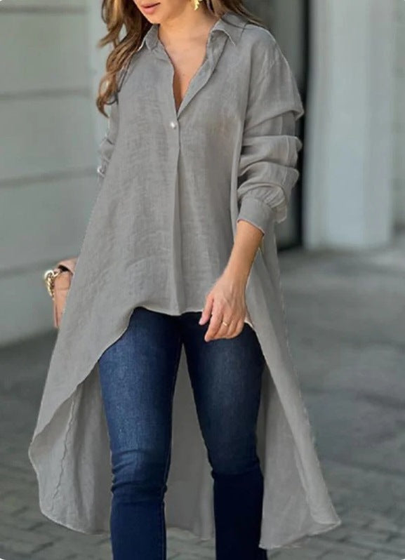 Women's Longline Shirt Blouse – Asymmetrical Button Down Tunic Blouse