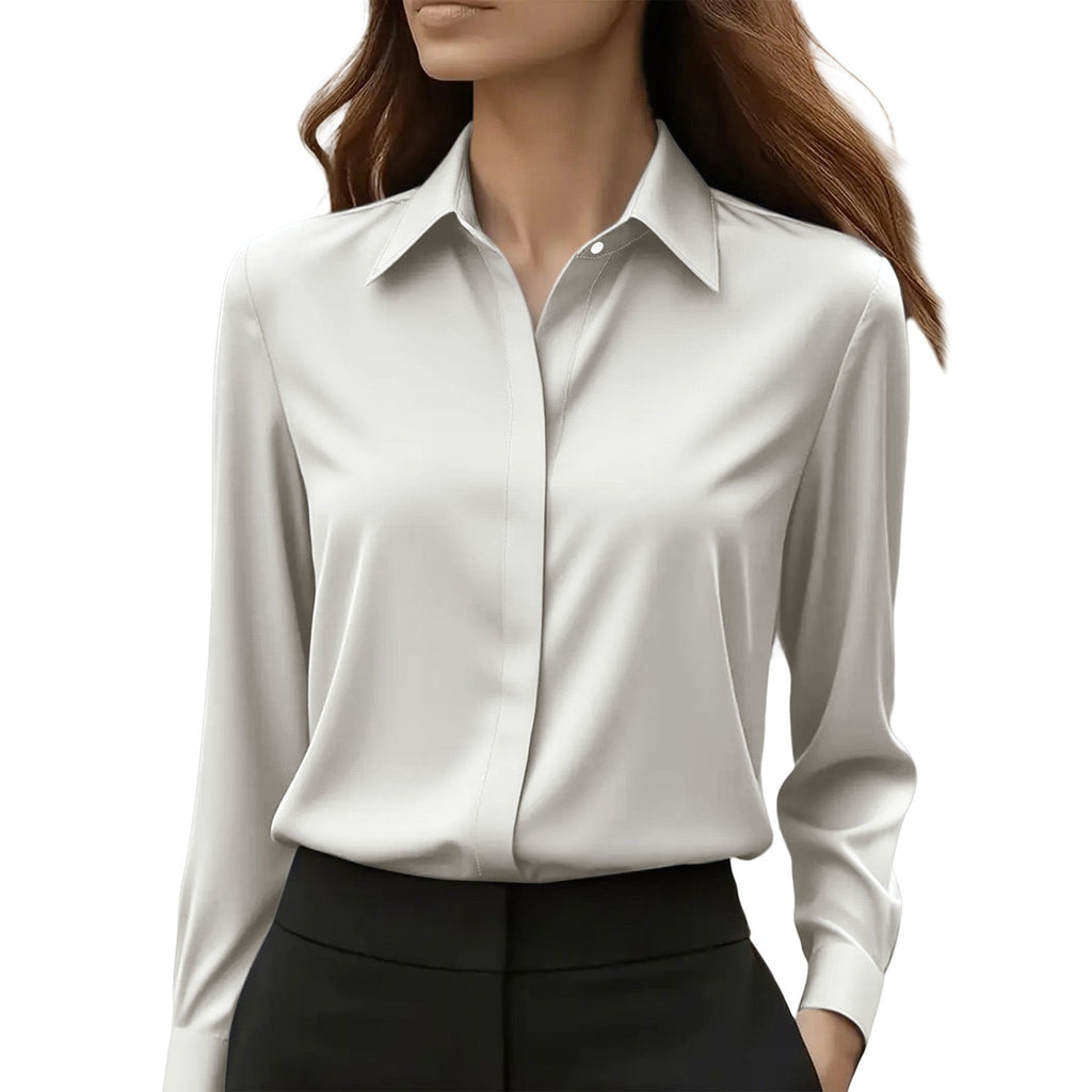 Women's Collared Blouse with Button Closure and Curved Hem