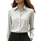Women's Collared Blouse with Button Closure and Curved Hem