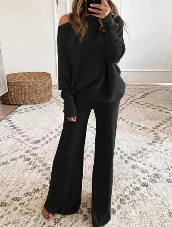 Women's Knit Pants Set – Long Sleeve Top & Matching Wide Leg Trousers