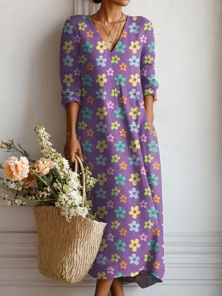 Women's Vintage Floral Midi Dress – Relaxed A-Line Summer Dress