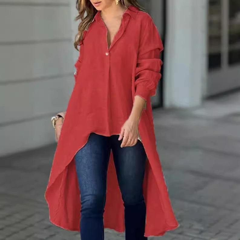 Women's Longline Shirt Blouse – Asymmetrical Button Down Tunic Blouse