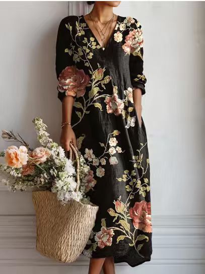 Women's Vintage Floral Midi Dress – Relaxed A-Line Summer Dress