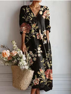 Women's Vintage Floral Midi Dress – Relaxed A-Line Summer Dress