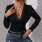 Women's Lace Long Sleeve Bodysuit – Deep V-Neck Fitted Bodysuit