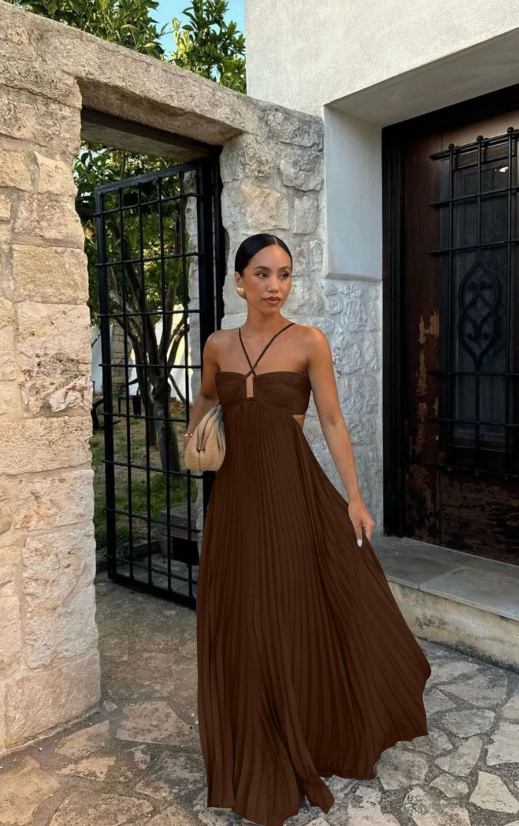 Women's Pleated Off-Shoulder Dress – Adjustable Strap Formal Dress
