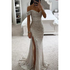 Women's Off-Shoulder Sequin Evening Dress – Side Slit Sparkle Gown