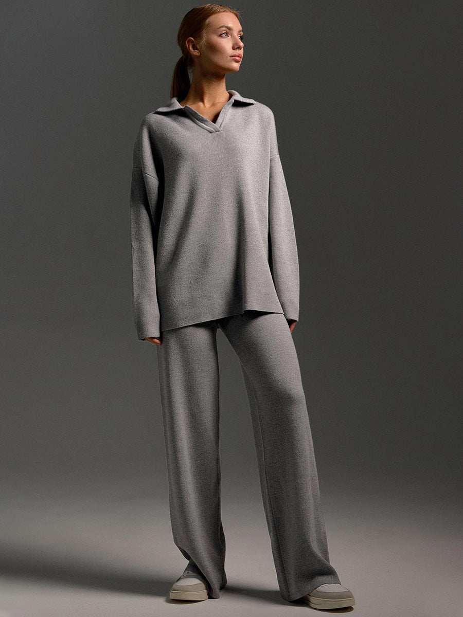 Women's Collared Polo Sweater Set – Oversized Top and Wide Leg Pants Set