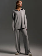 Women's Collared Polo Sweater Set – Oversized Top and Wide Leg Pants Set