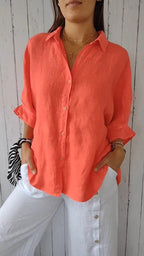 Women's Relaxed Blouse with Folded Sleeves and Button Front